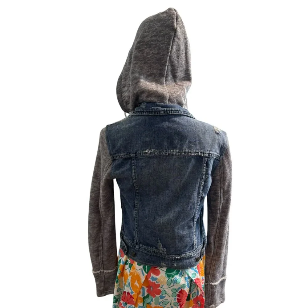 Free People Blue Hood Distressed Denim/Knit Jean Jacket. Size: XS/P - Picture 5 of 7